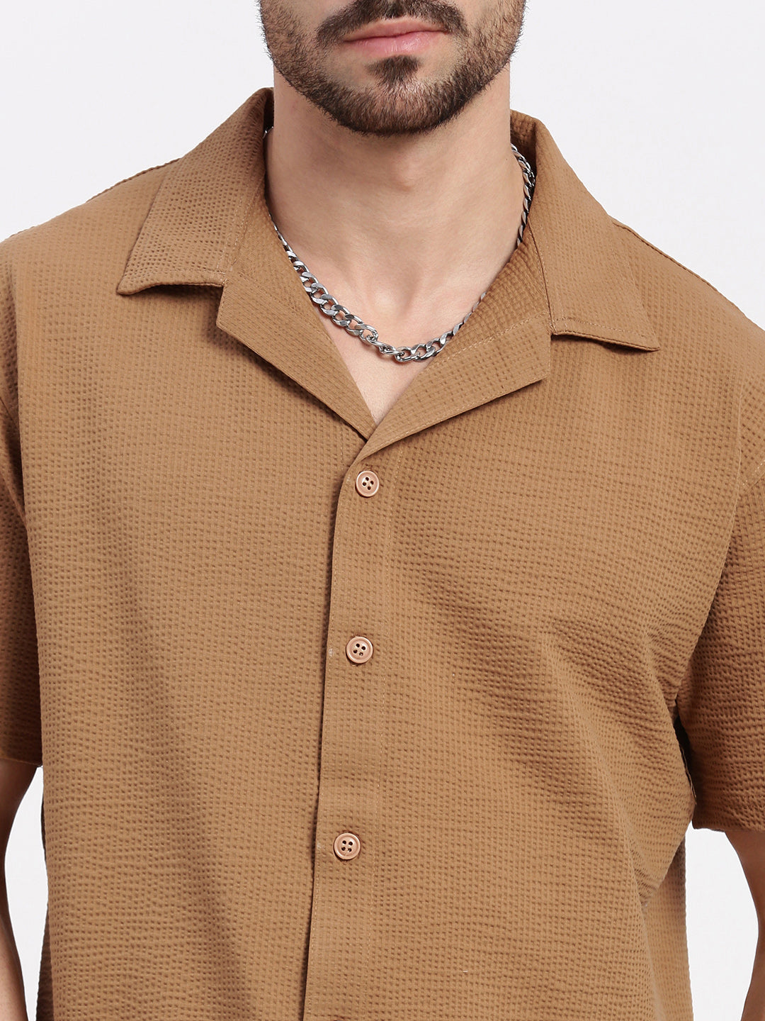 Men Brown Cuban Collar Solid Shirt