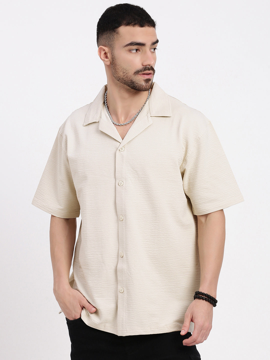 Men Cream Cuban Collar Solid Shirt