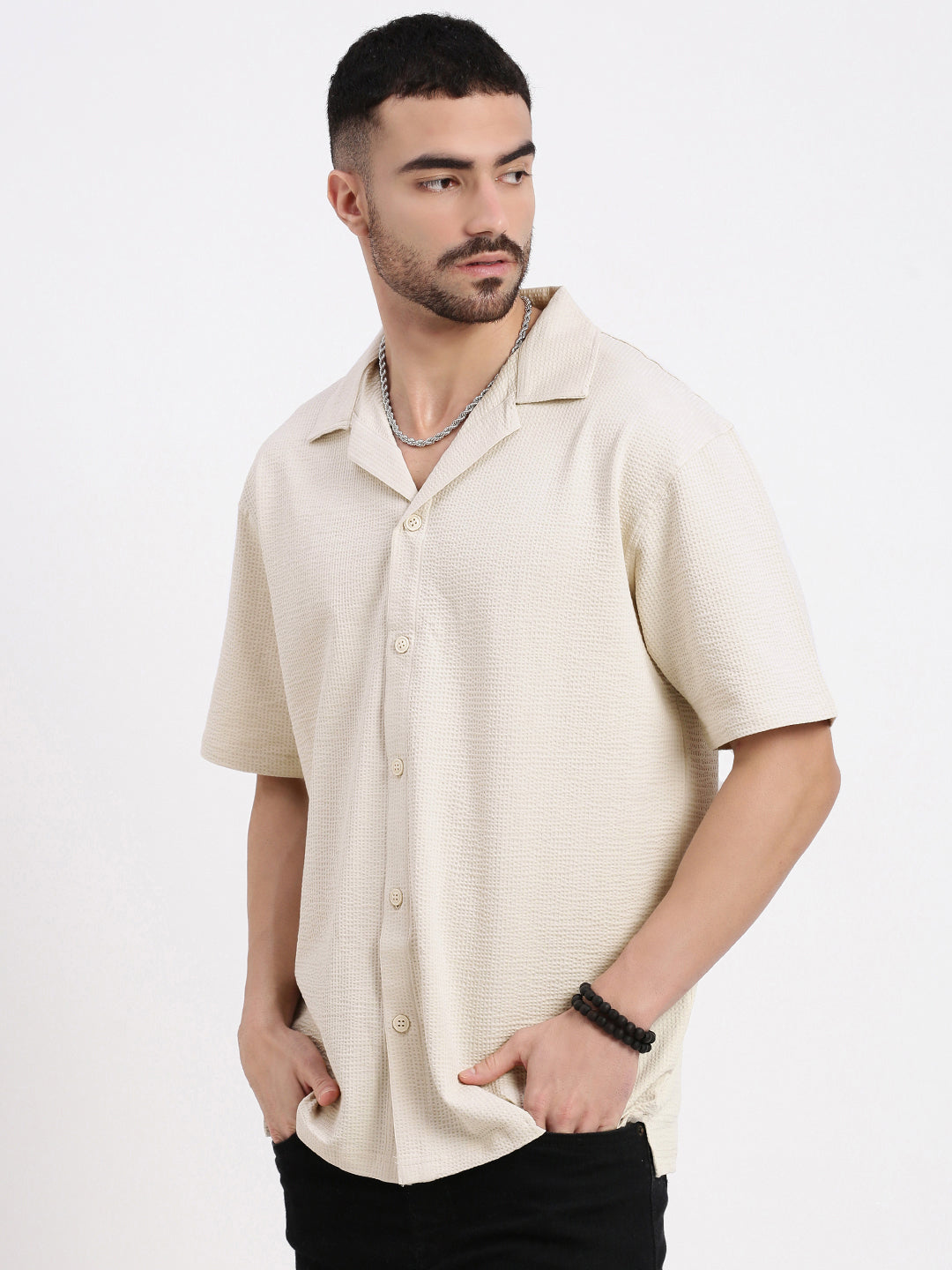 Men Cream Cuban Collar Solid Shirt