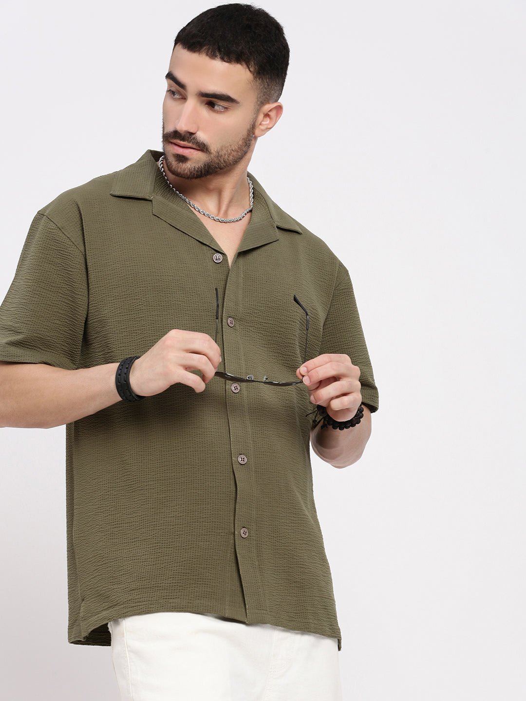 Men Olive Cuban Collar Solid Shirt