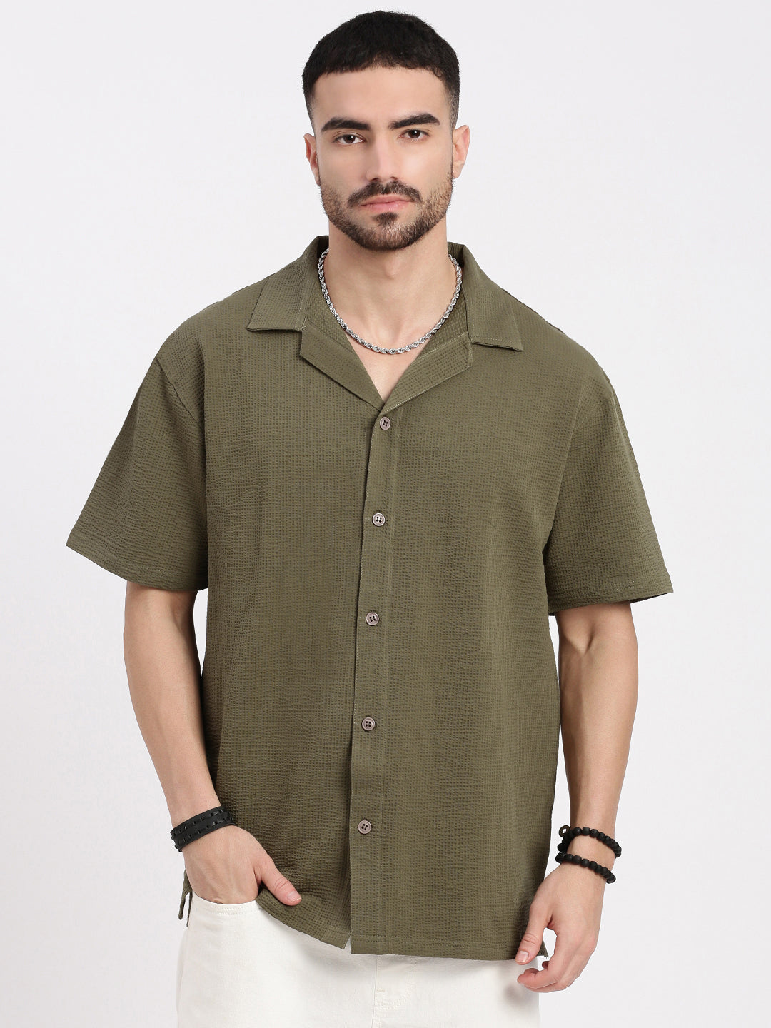 Men Olive Cuban Collar Solid Shirt