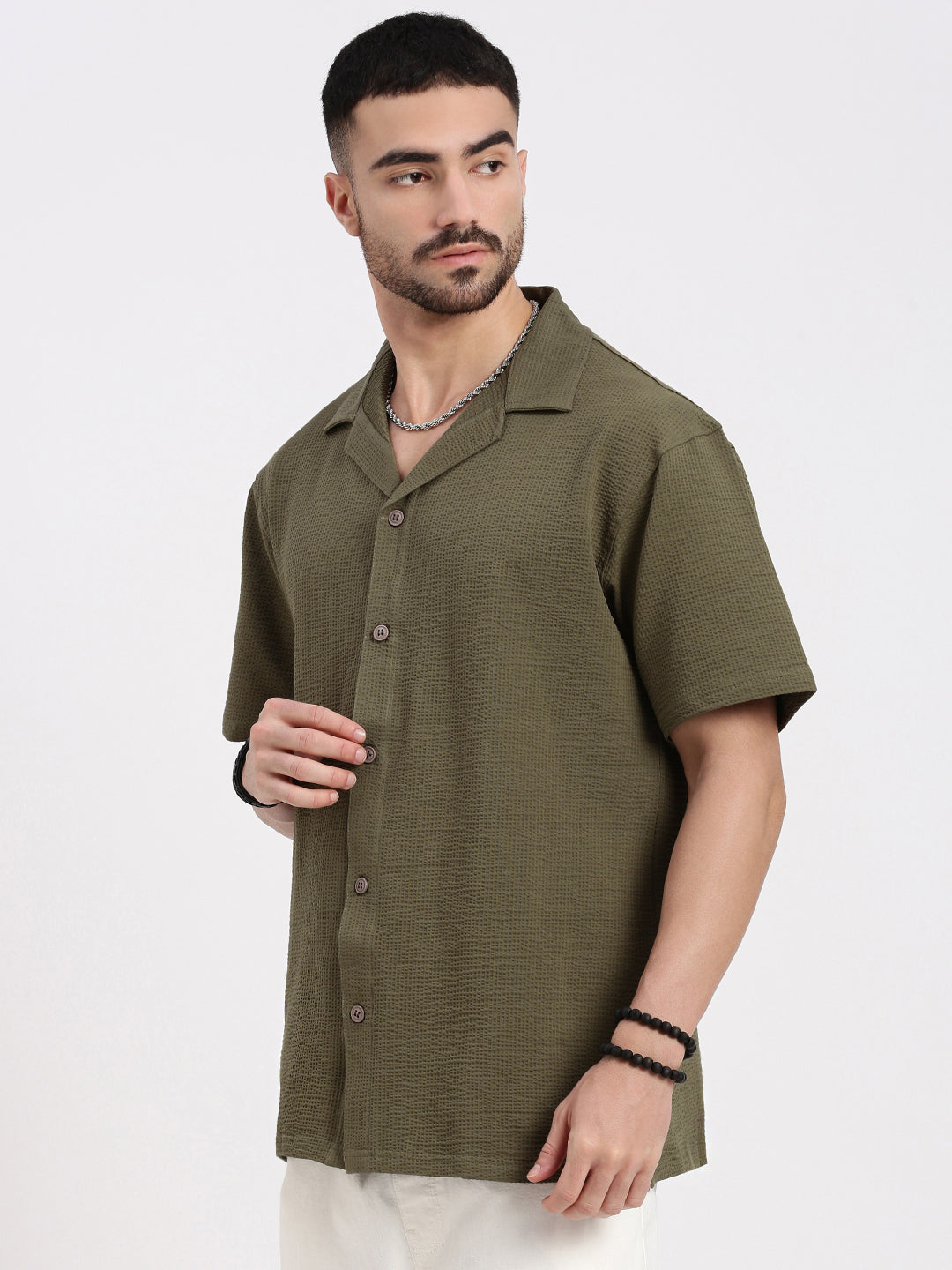 Men Olive Cuban Collar Solid Shirt