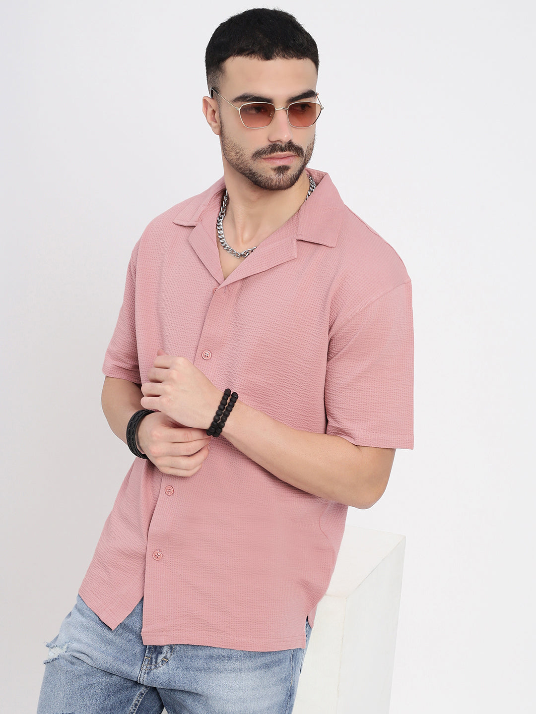 Men Pink Cuban Collar Solid Shirt