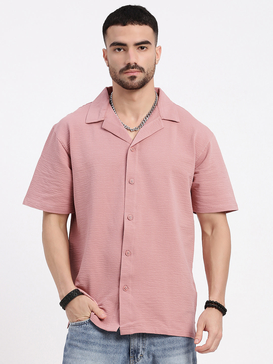 Men Pink Cuban Collar Solid Shirt