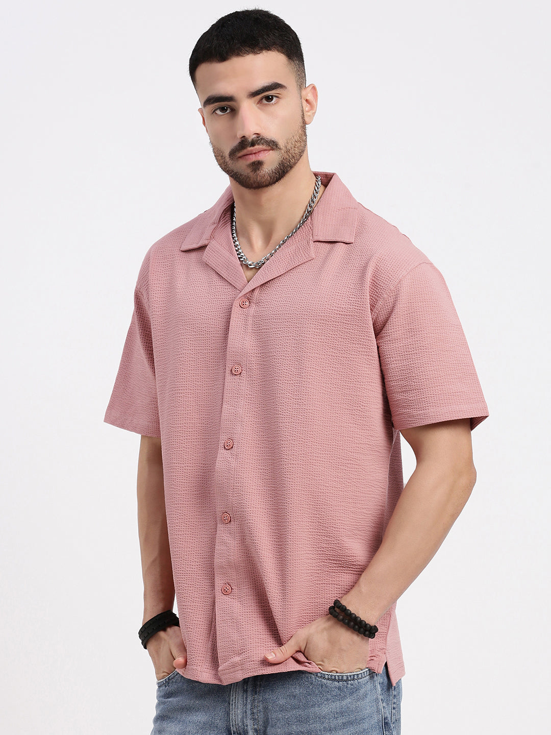 Men Pink Cuban Collar Solid Shirt