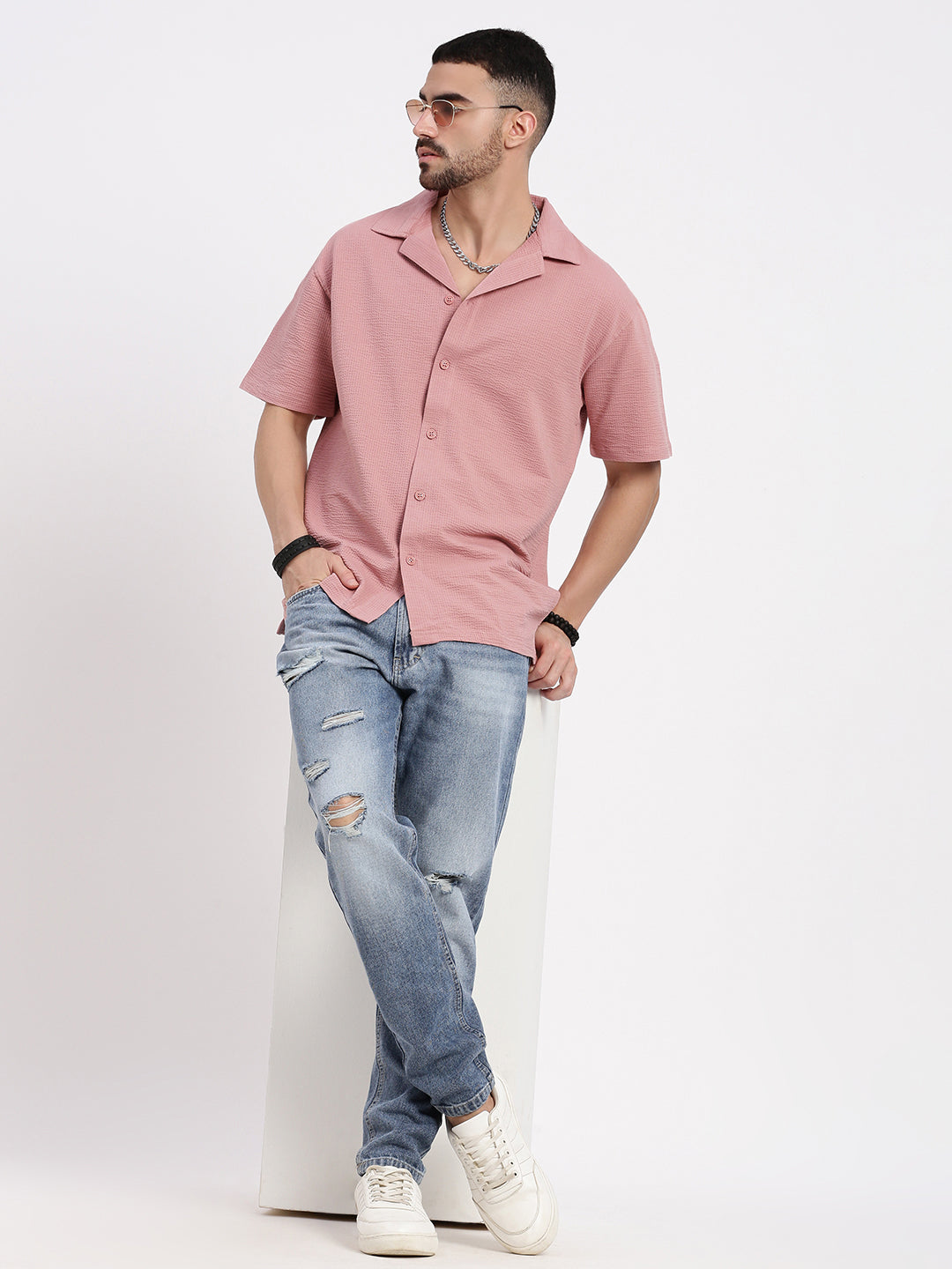 Men Pink Cuban Collar Solid Shirt