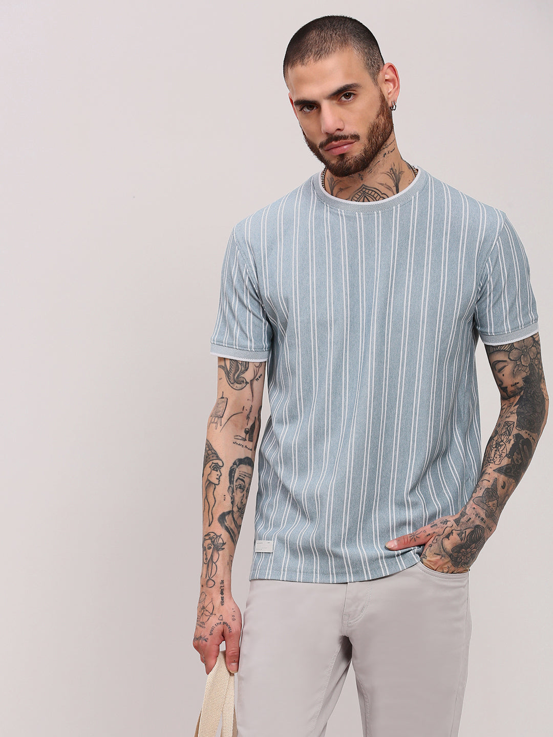 Men Blue Striped T Shirt