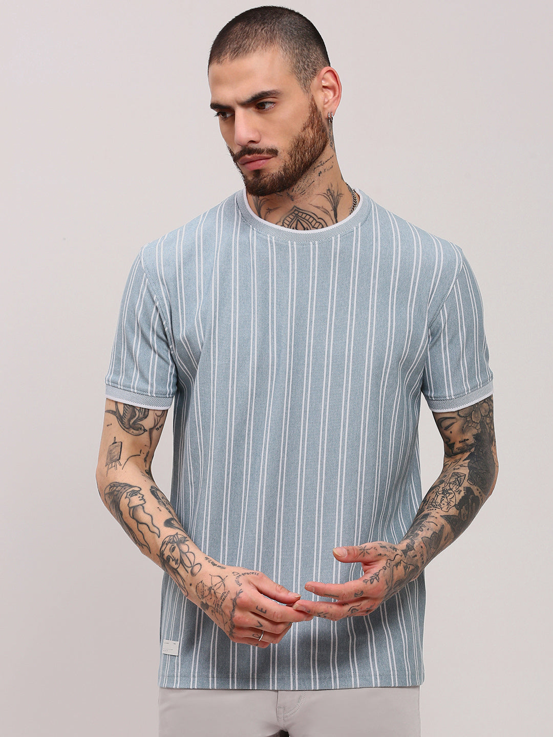 Men Blue Striped T Shirt