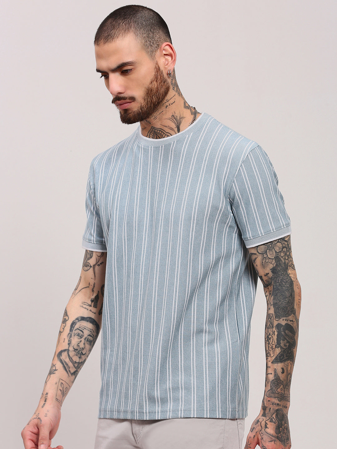 Men Blue Striped T Shirt