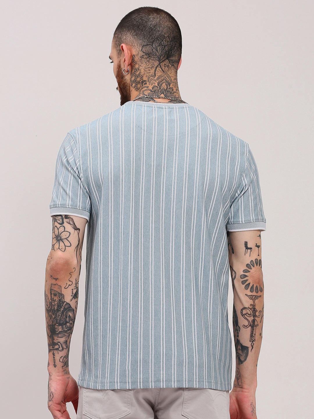 Men Blue Striped T Shirt