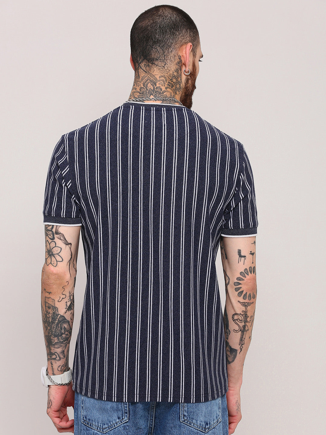 Men Navy Blue Striped T Shirt