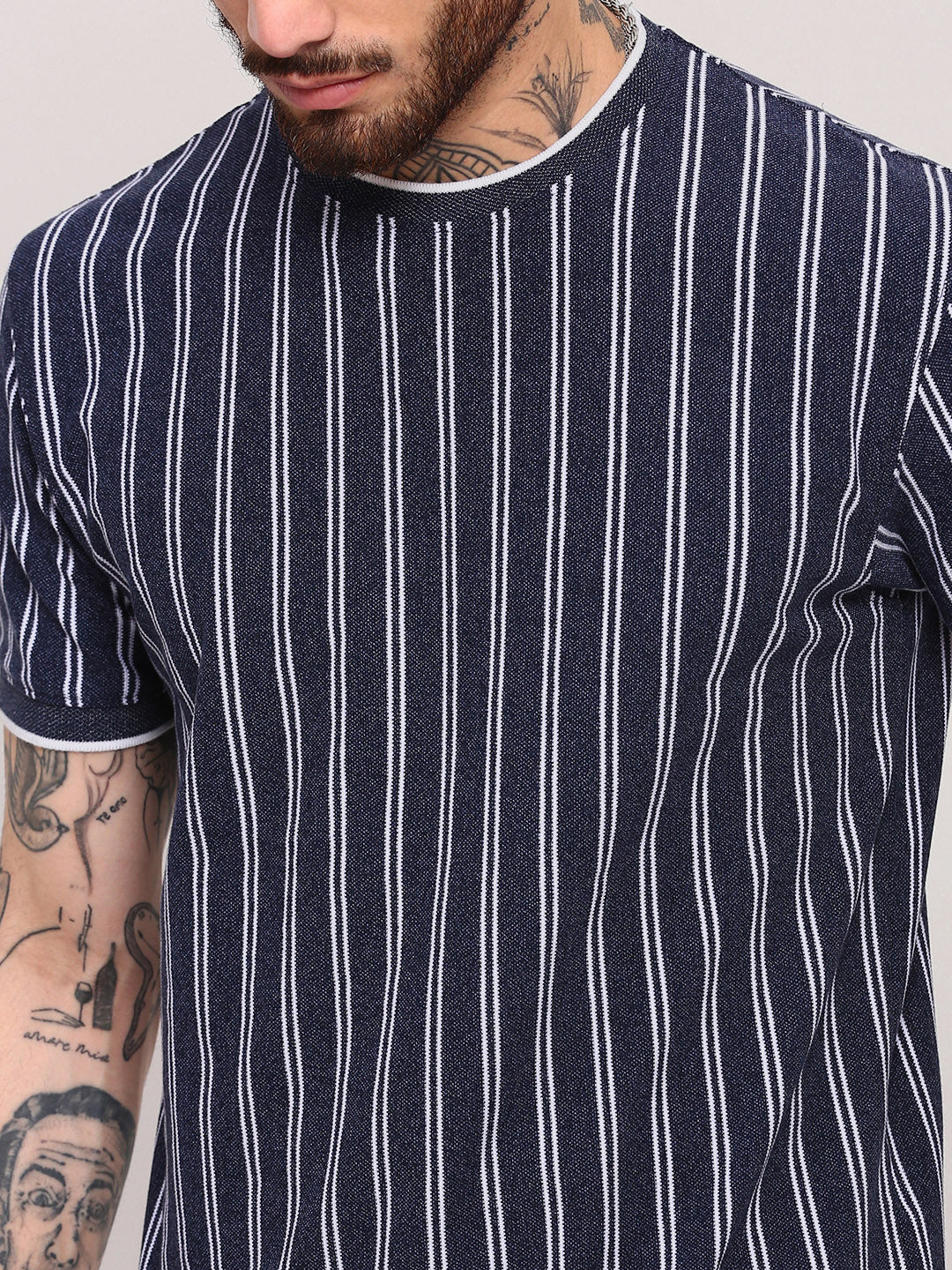 Men Navy Blue Striped T Shirt