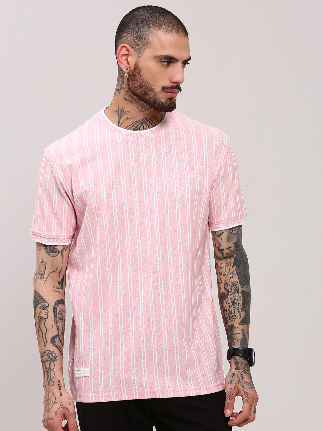 Men Pink Striped T Shirt