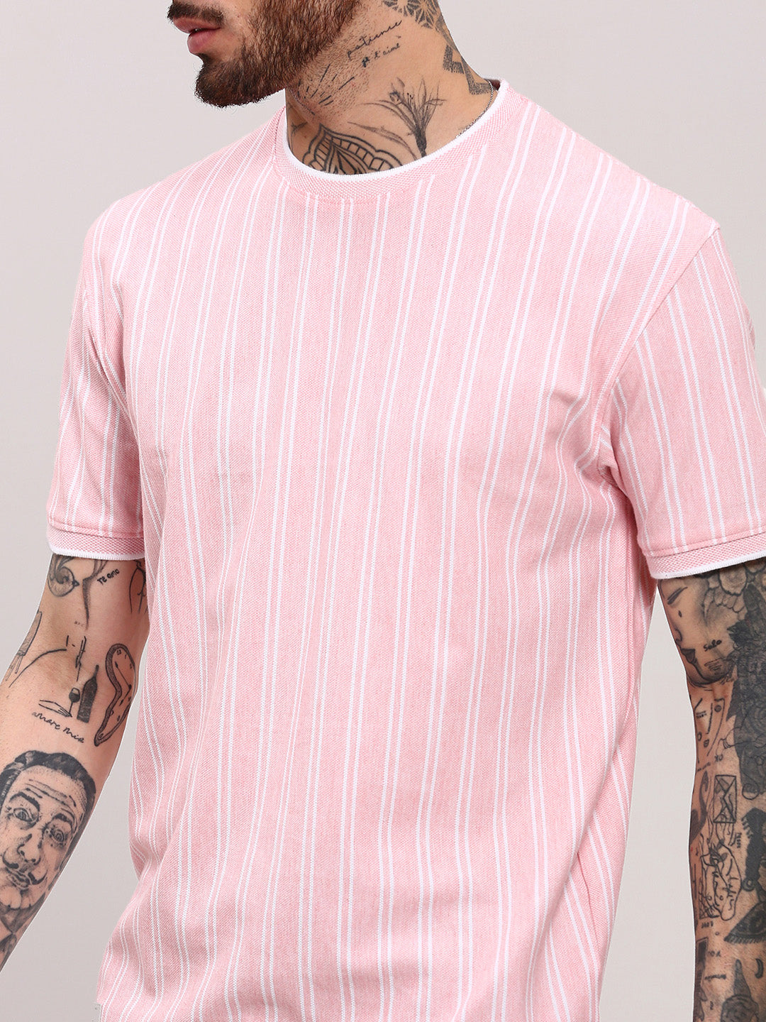 Men Pink Striped T Shirt