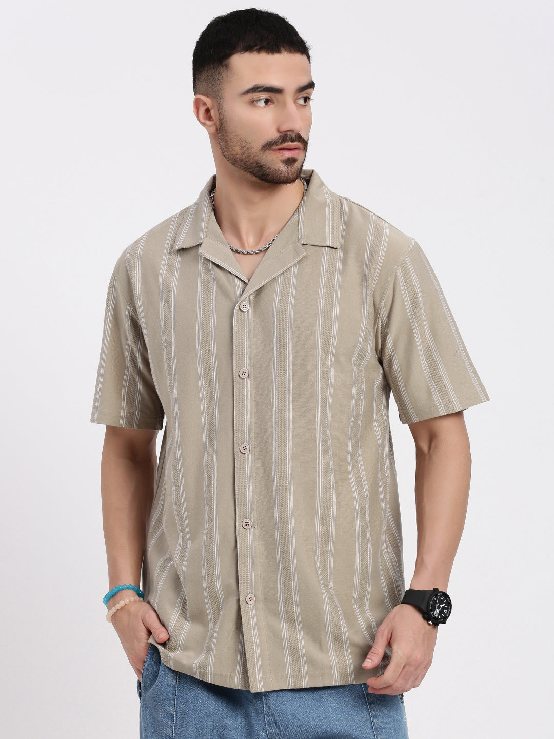 Men Beige Cuban Collar Striped Shirt