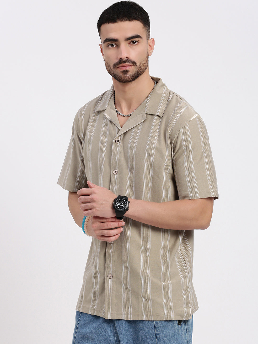 Men Beige Cuban Collar Striped Shirt