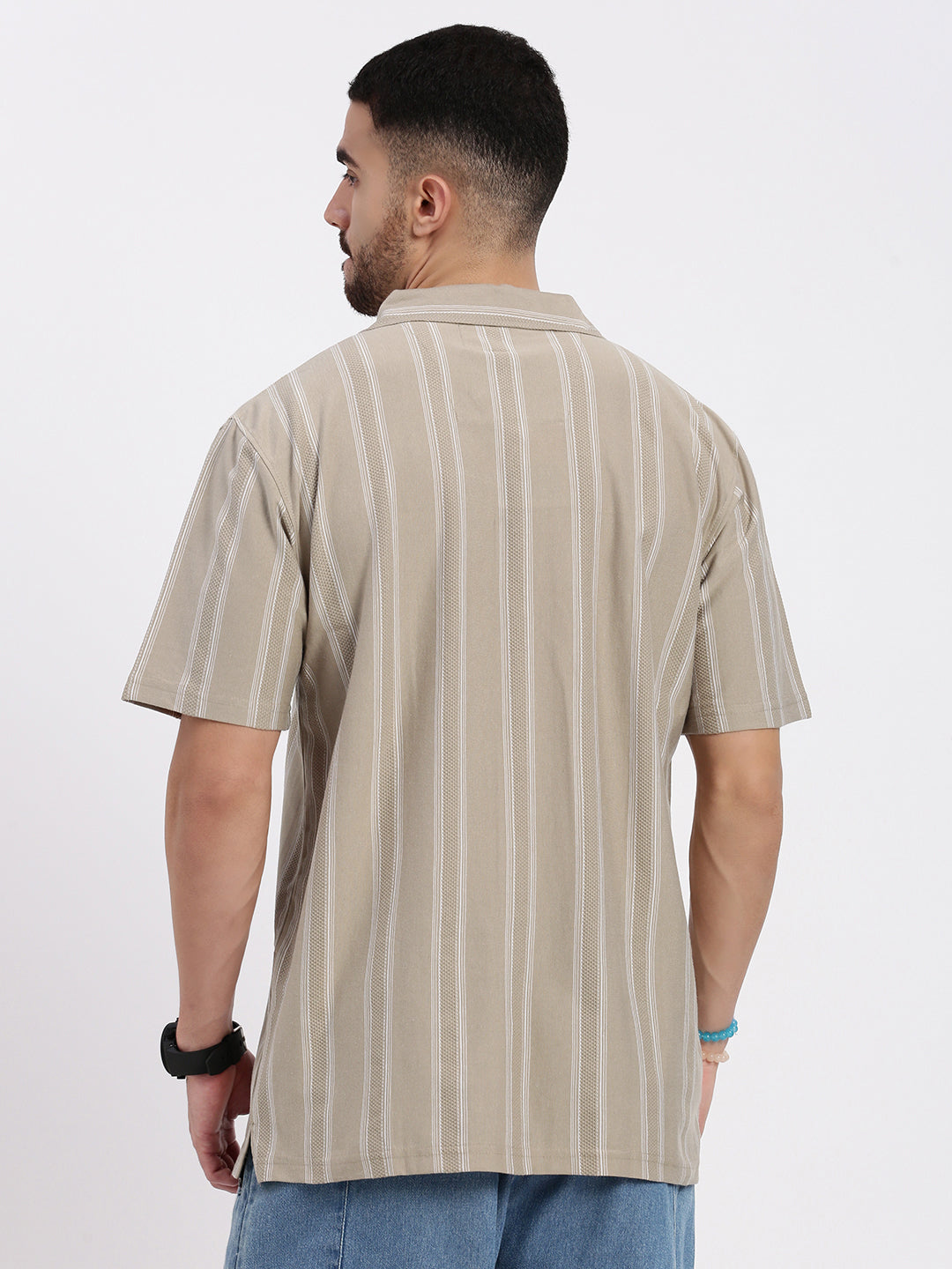 Men Beige Cuban Collar Striped Shirt