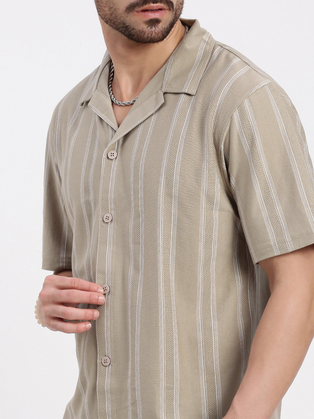 Men Beige Cuban Collar Striped Shirt