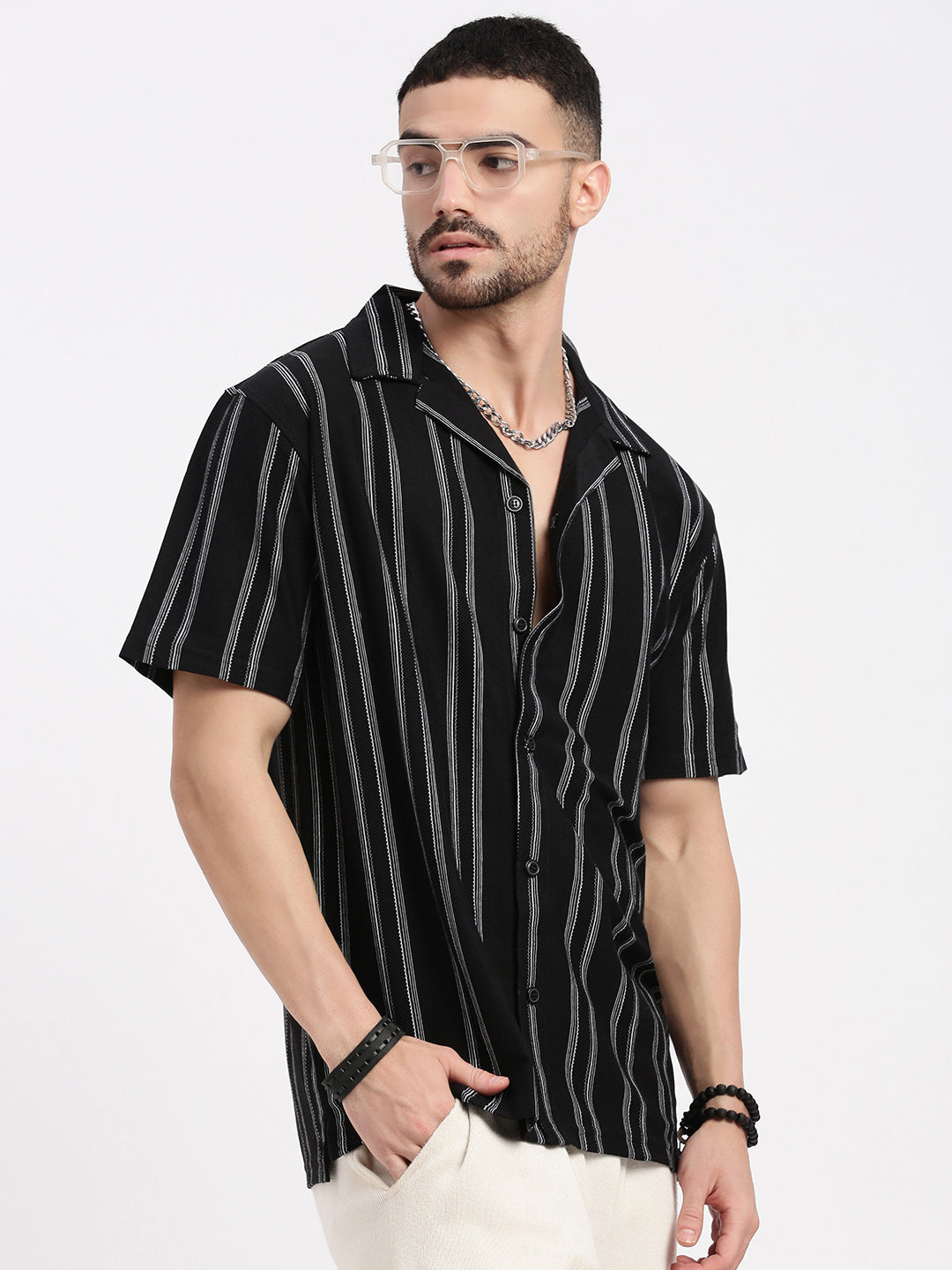 Men Black Cuban Collar Striped Shirt