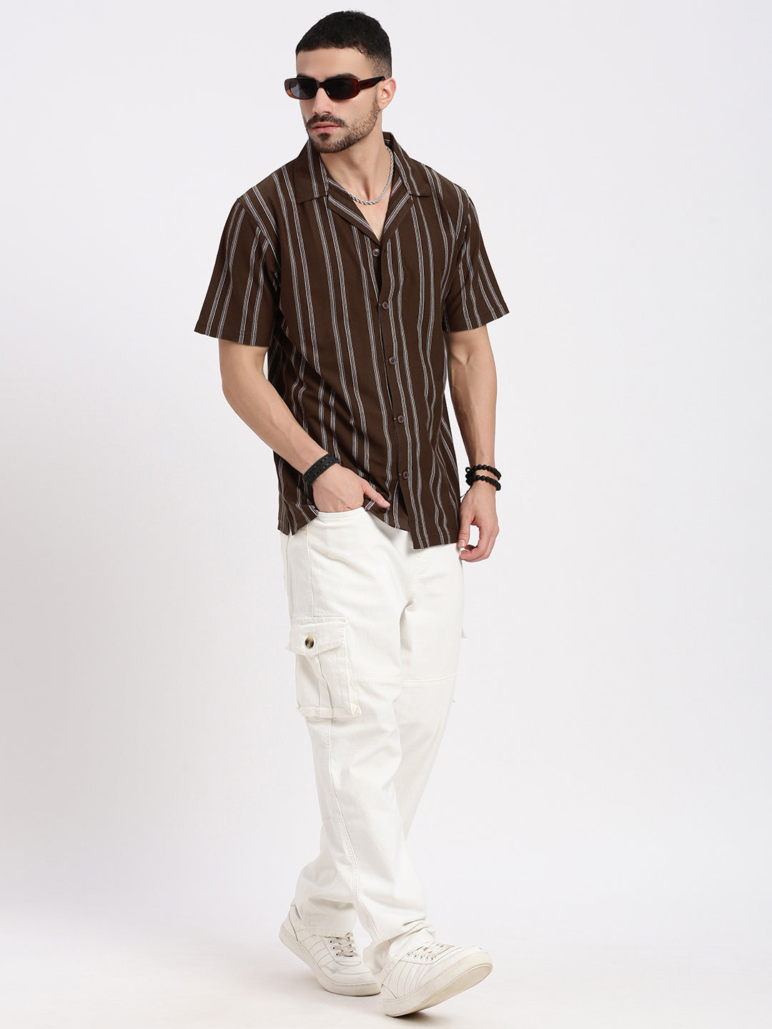 Men Brown Cuban Collar Striped Shirt