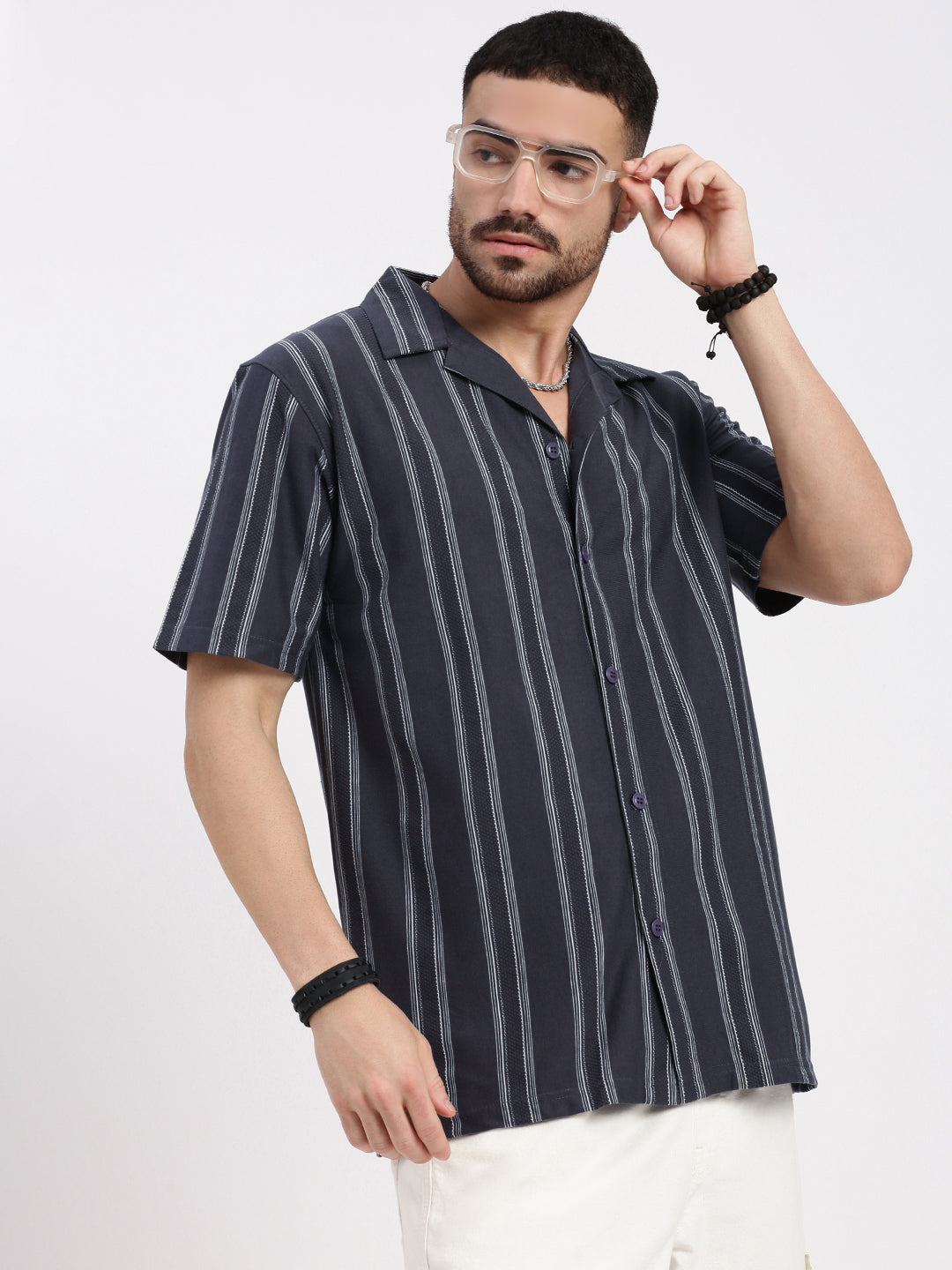 Men Grey Cuban Collar Striped Shirt