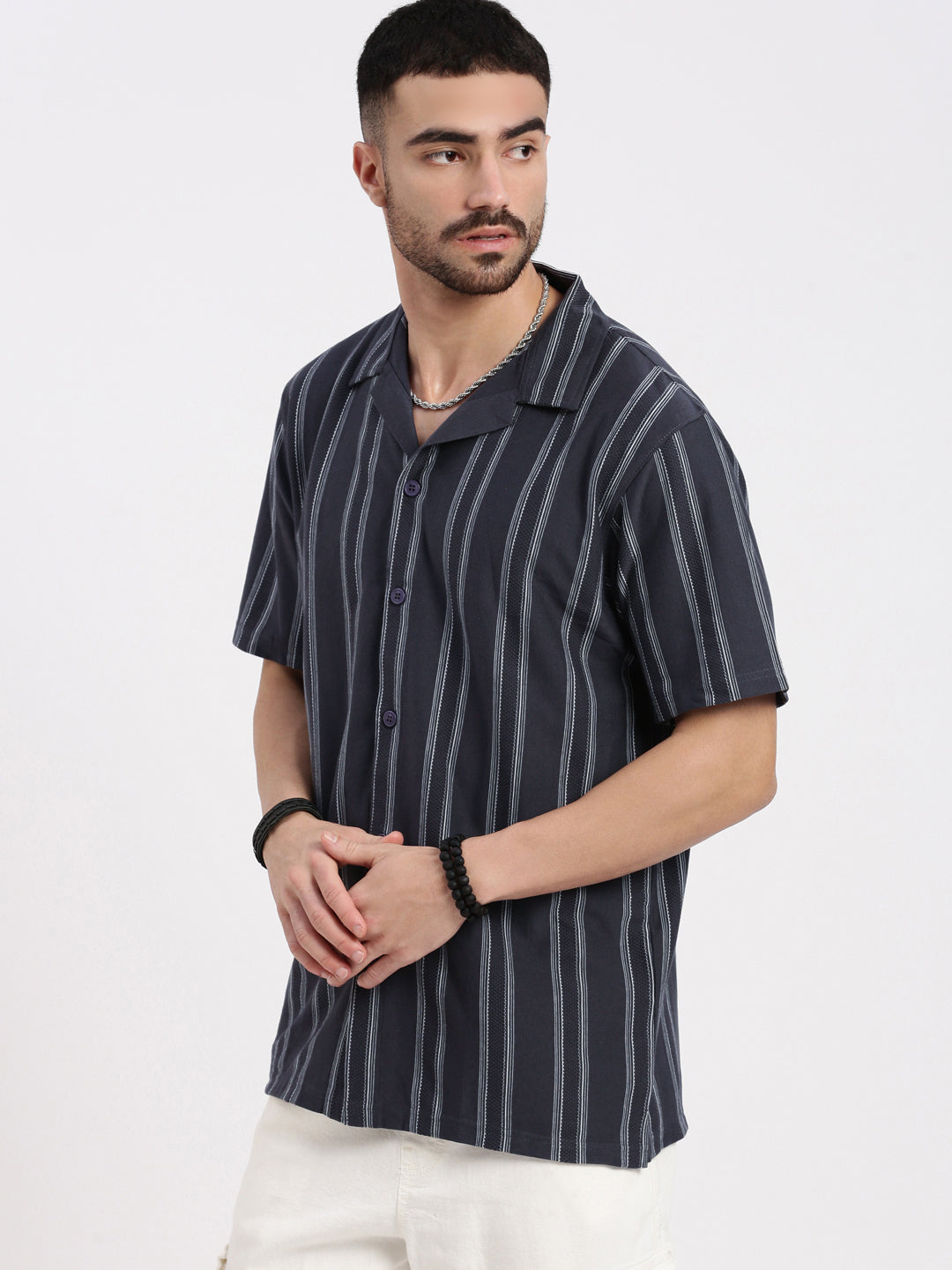 Men Grey Cuban Collar Striped Shirt