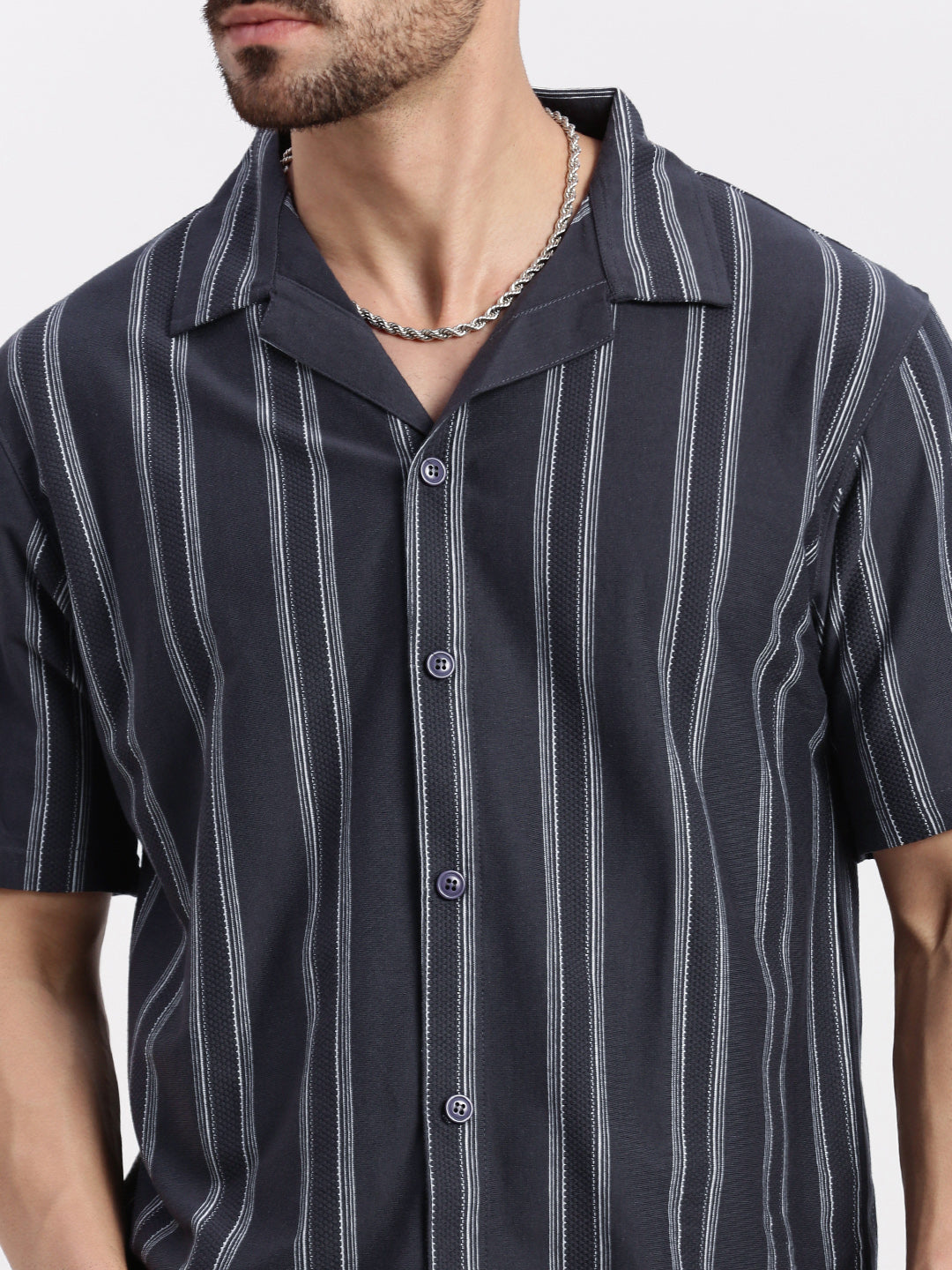 Men Grey Cuban Collar Striped Shirt