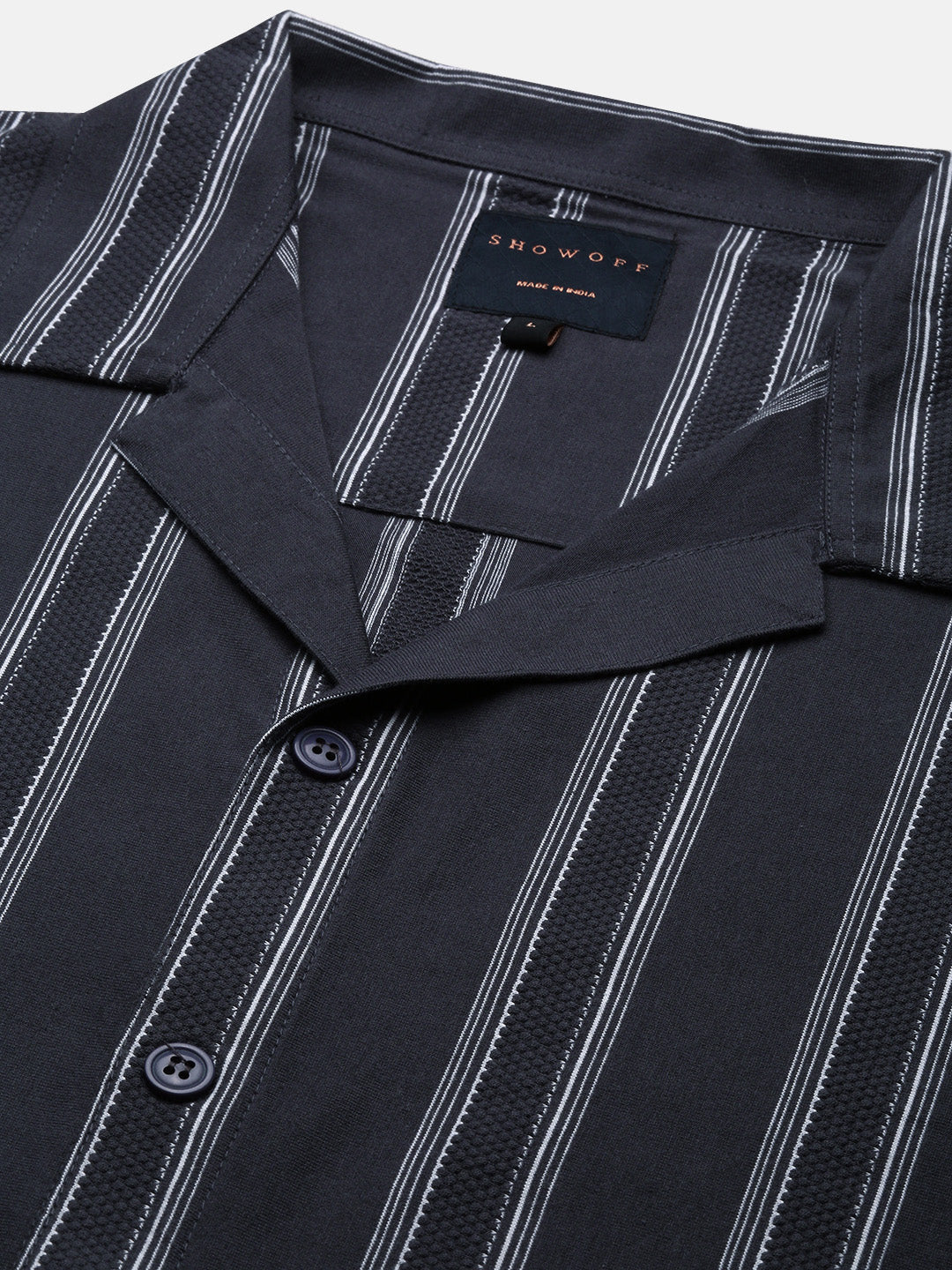 Men Grey Cuban Collar Striped Shirt