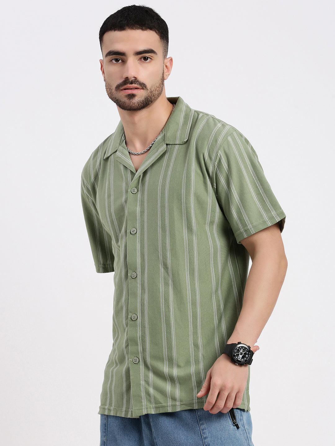 Men Green Cuban Collar Striped Shirt