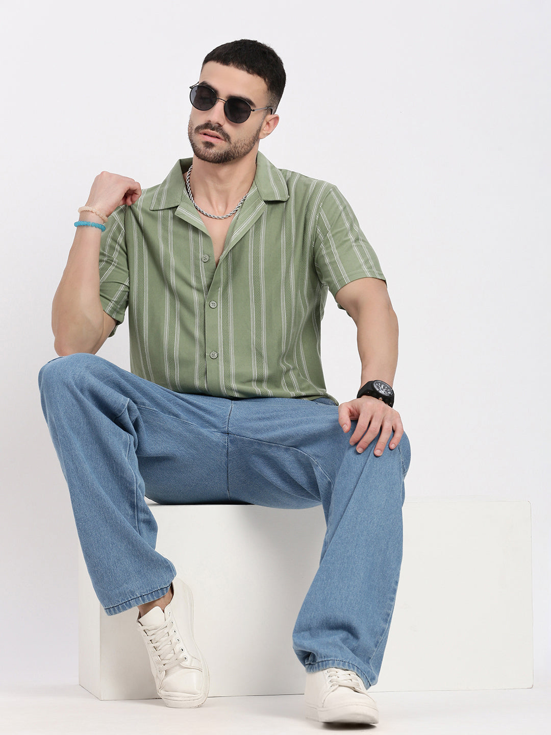 Men Green Cuban Collar Striped Shirt