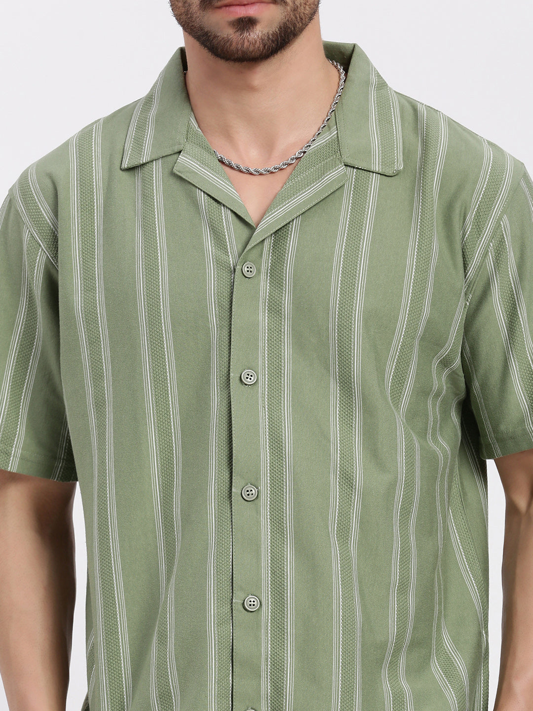 Men Green Cuban Collar Striped Shirt