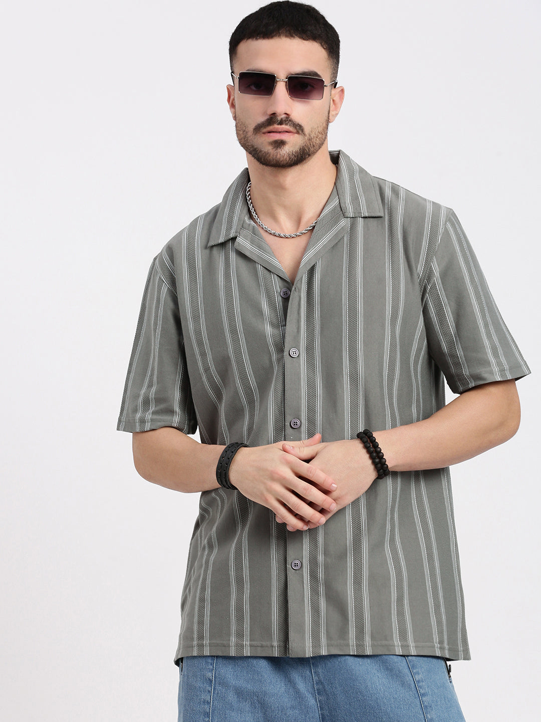 Men Grey Cuban Collar Striped Shirt