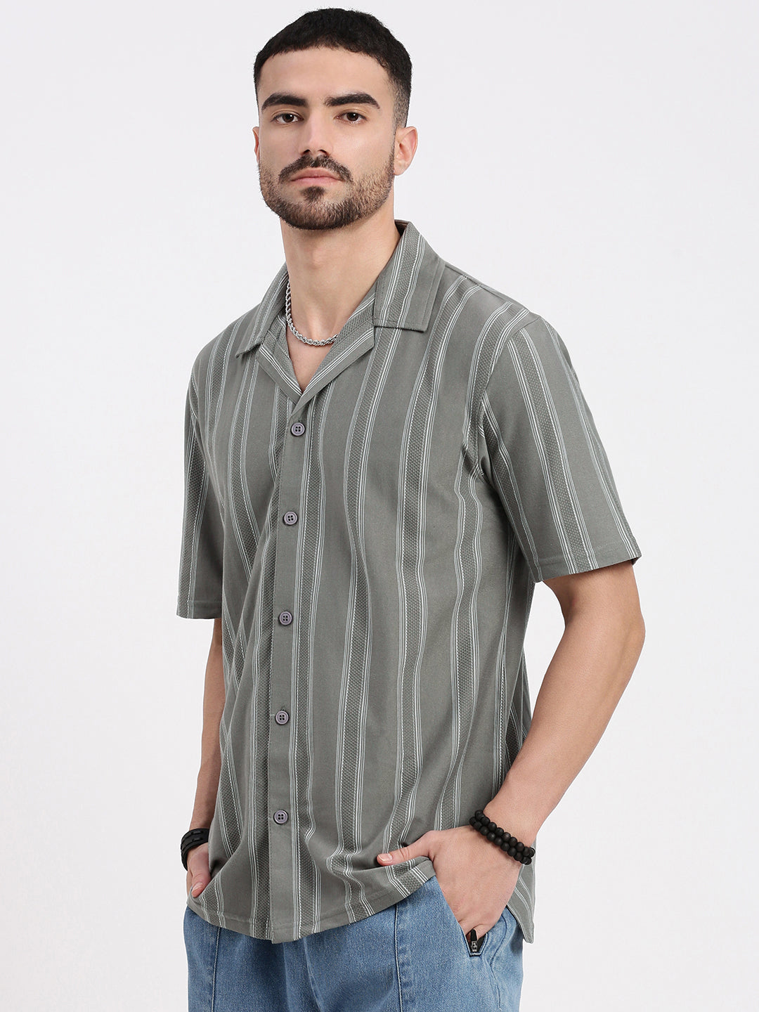 Men Grey Cuban Collar Striped Shirt