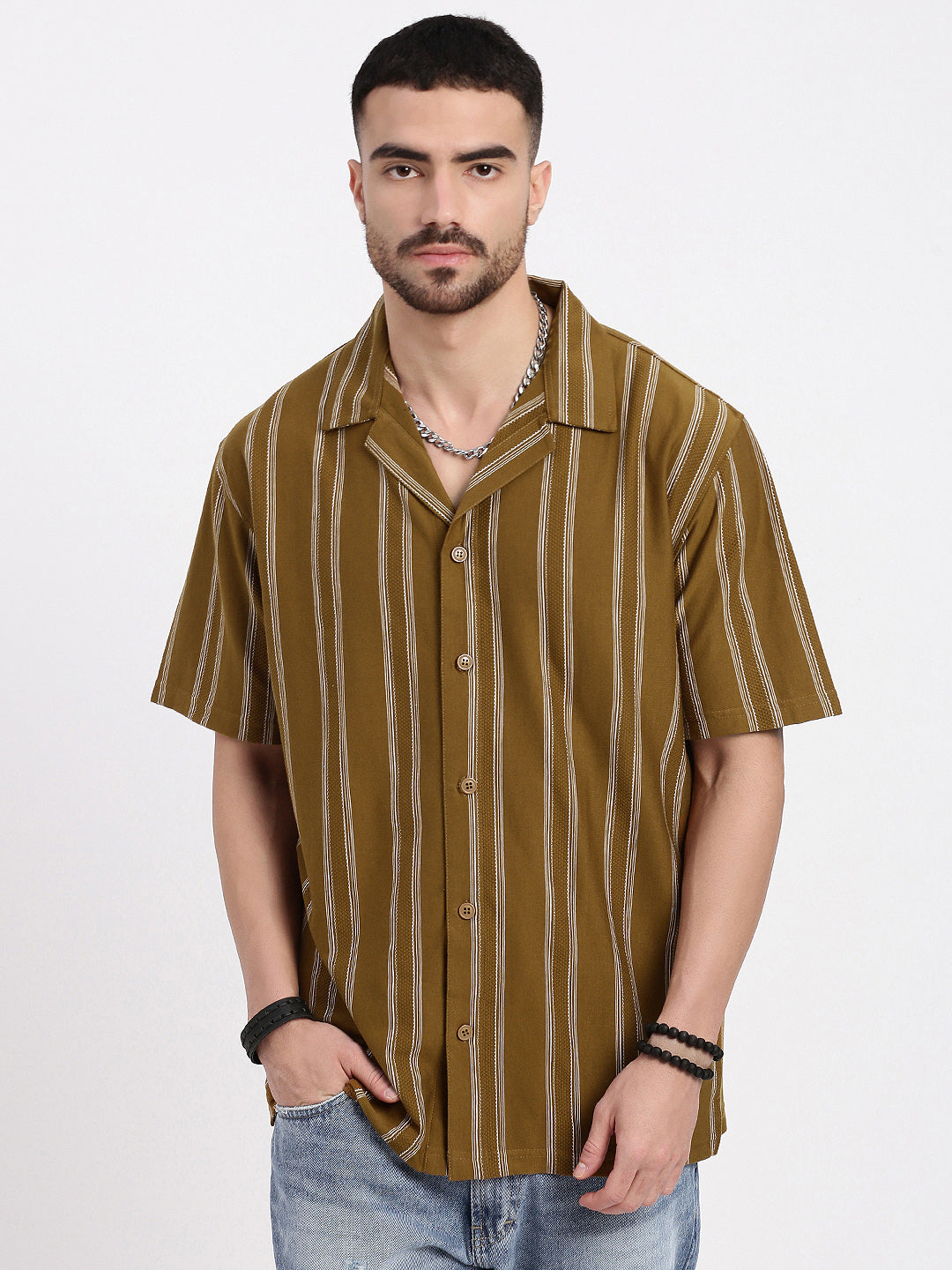 Men Olive Cuban Collar Striped Shirt