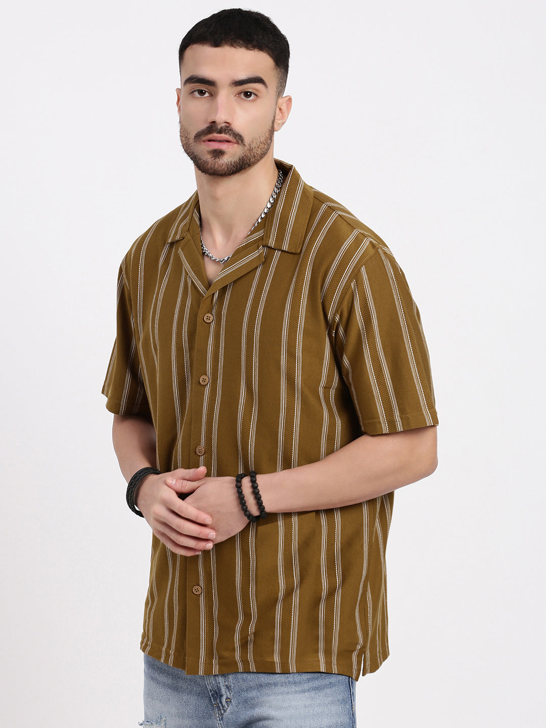 Men Olive Cuban Collar Striped Shirt