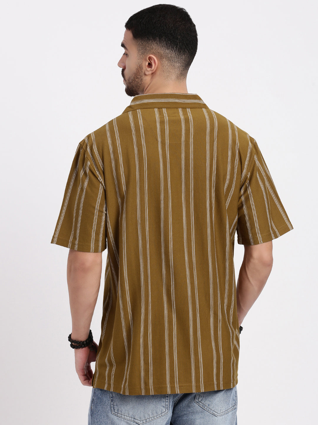 Men Olive Cuban Collar Striped Shirt