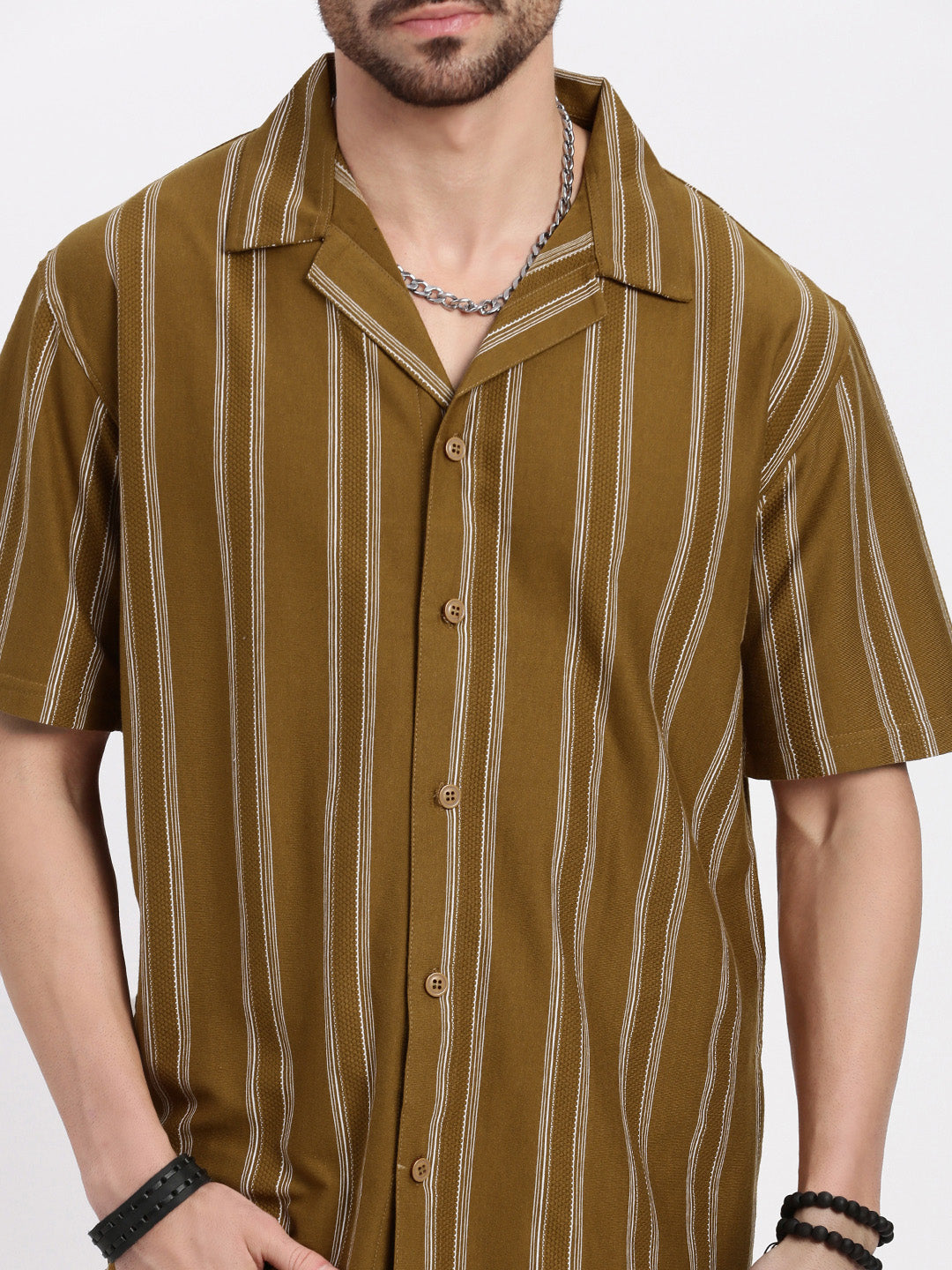 Men Olive Cuban Collar Striped Shirt