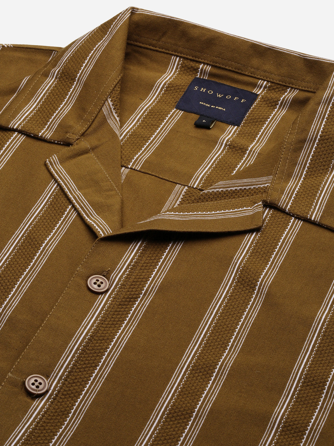 Men Olive Cuban Collar Striped Shirt