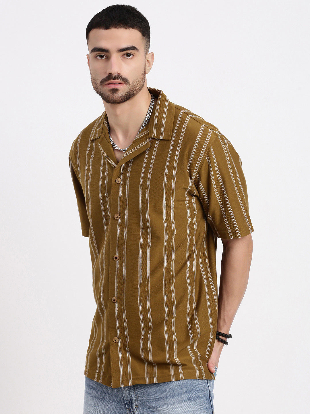 Men Olive Cuban Collar Striped Shirt