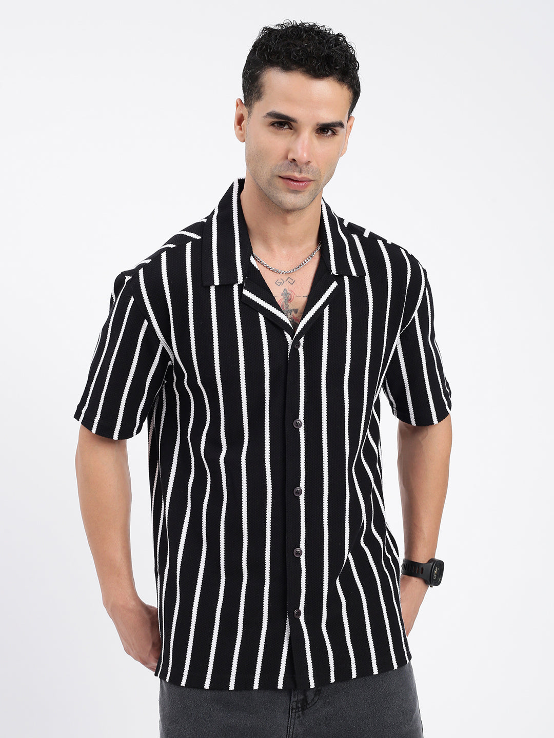 Men Striped Black Relaxed Fit Shirt