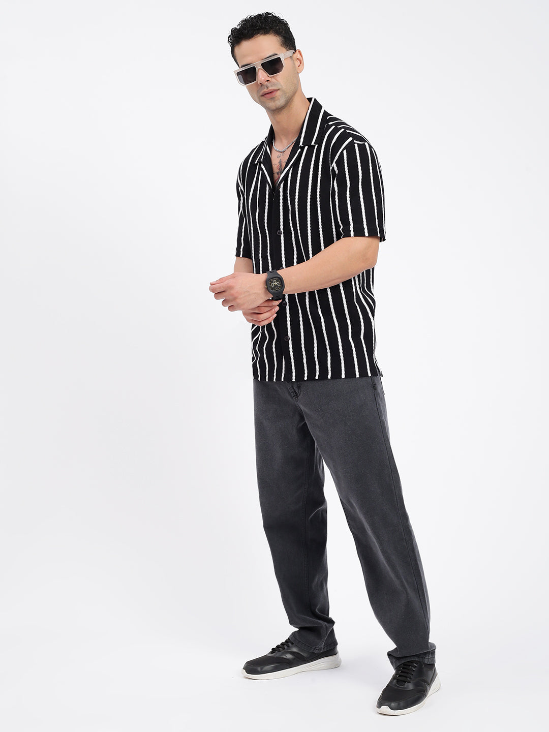 Men Striped Black Relaxed Fit Shirt