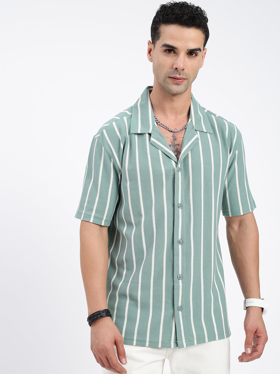 Men Striped Green Relaxed Fit Shirt