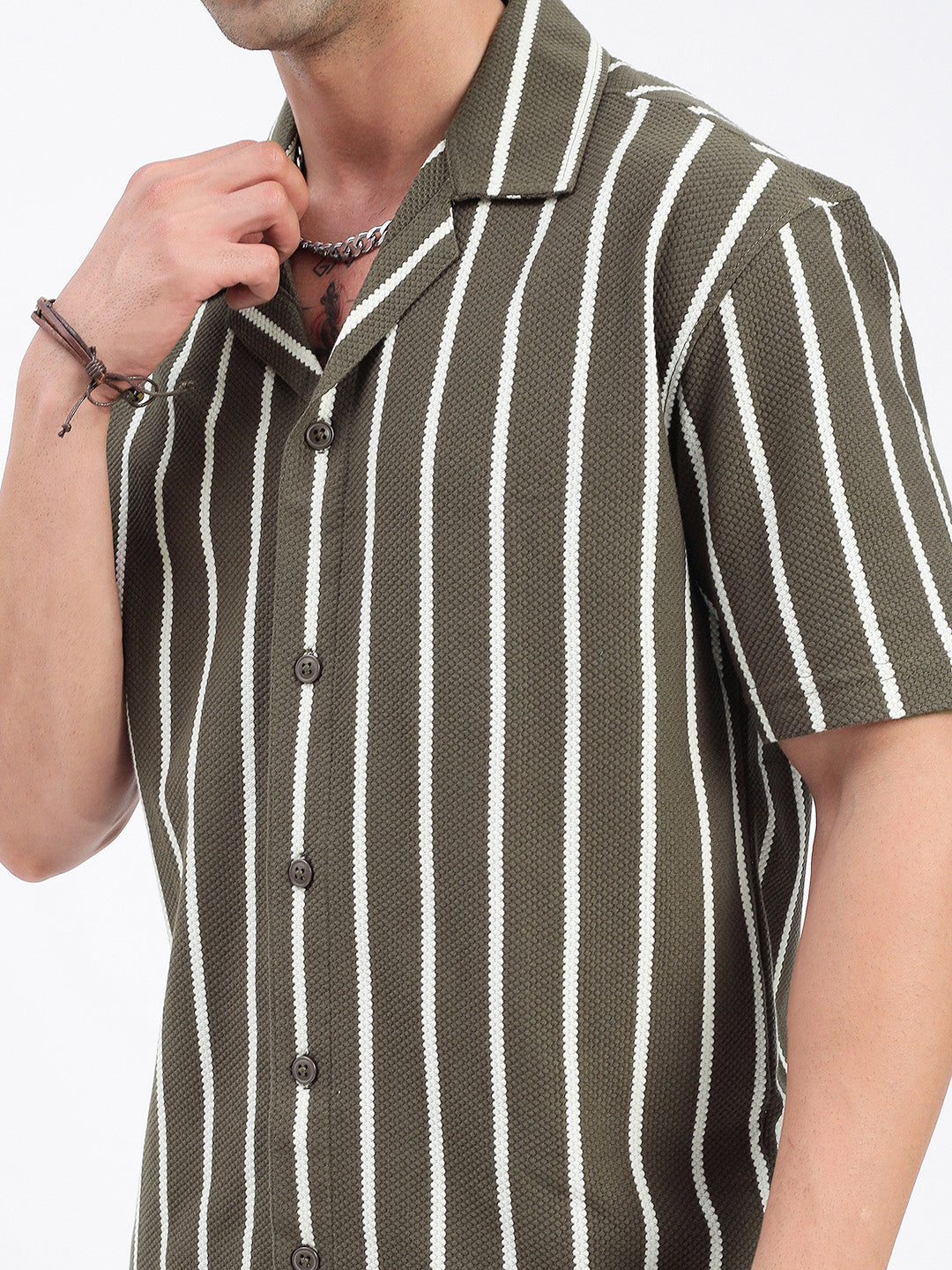 Men Striped Olive Relaxed Fit Shirt