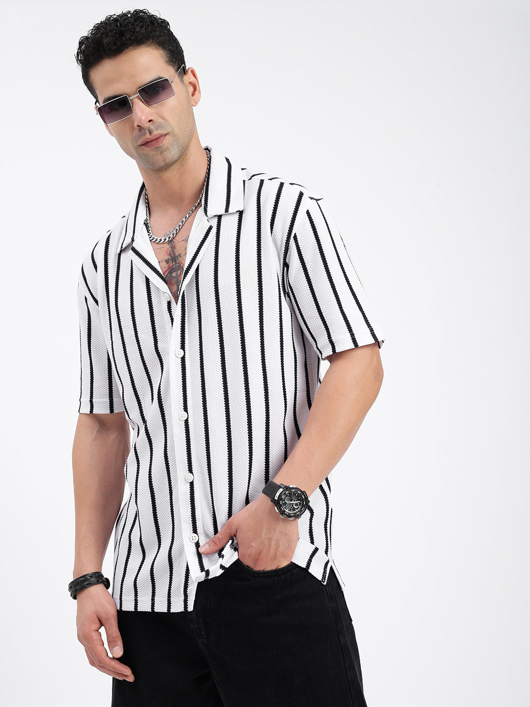 Men Striped White Relaxed Fit Shirt