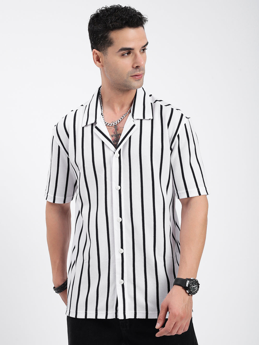 Men Striped White Relaxed Fit Shirt