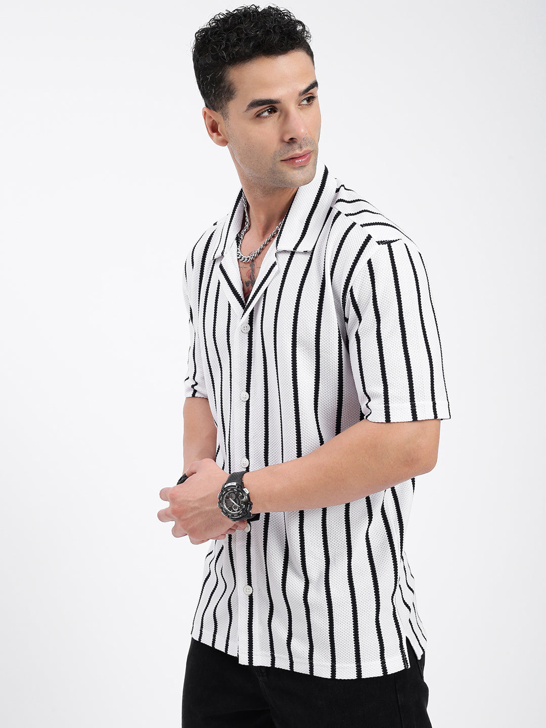 Men Striped White Relaxed Fit Shirt