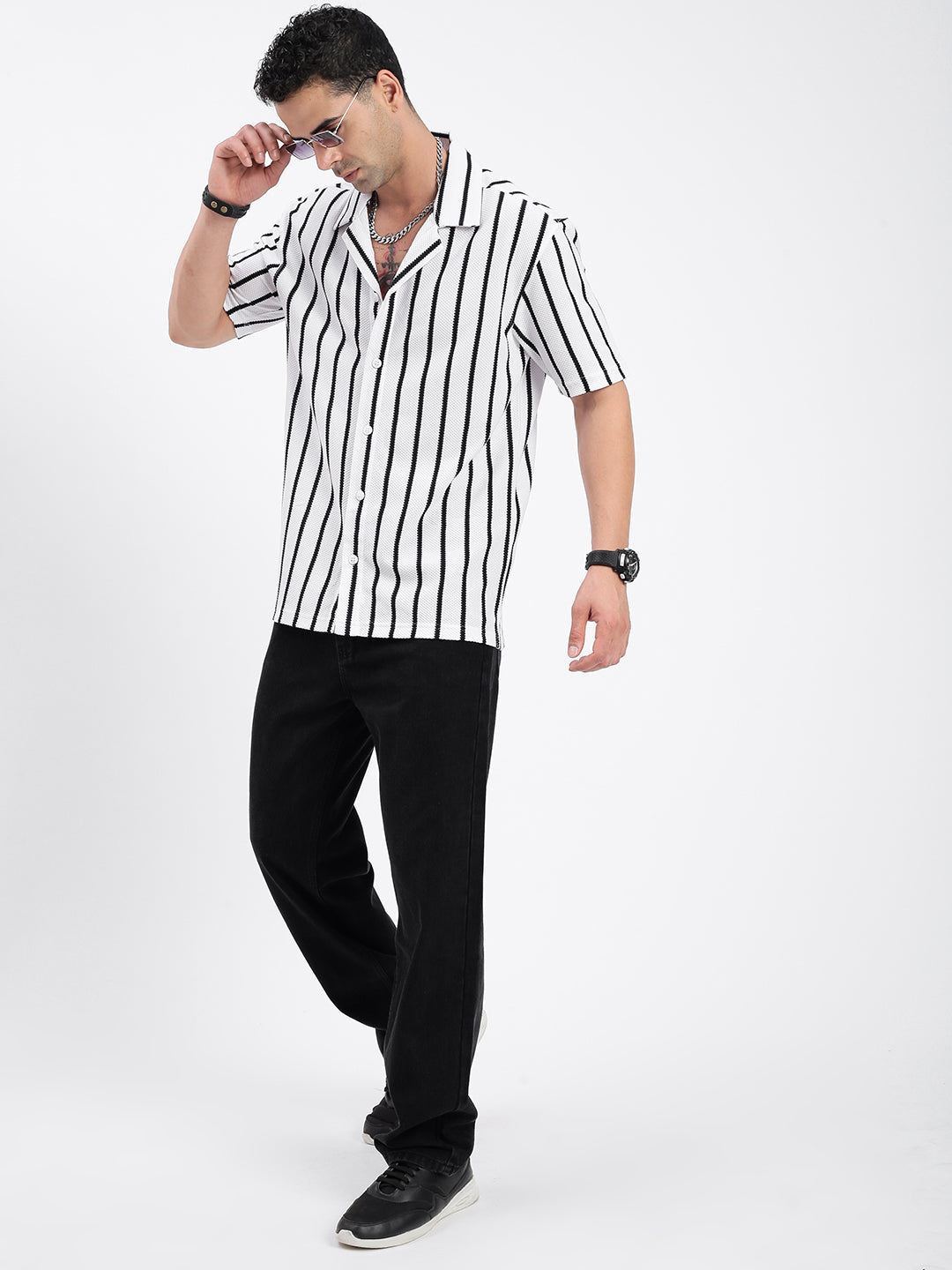 Men Striped White Relaxed Fit Shirt