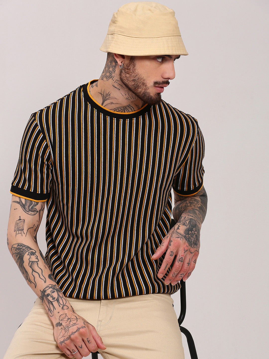 Men Black Striped T Shirt