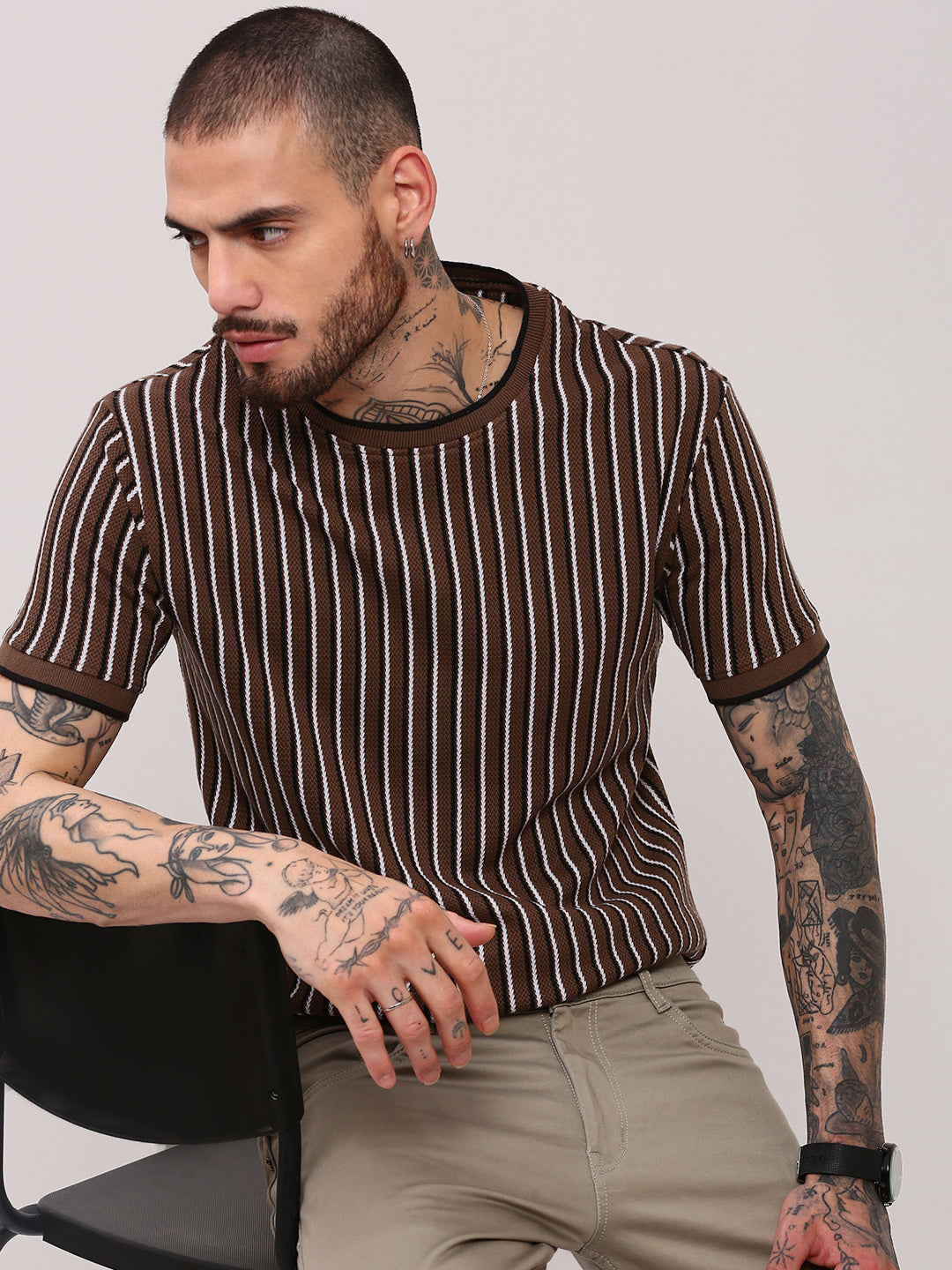 Men Brown Striped T Shirt