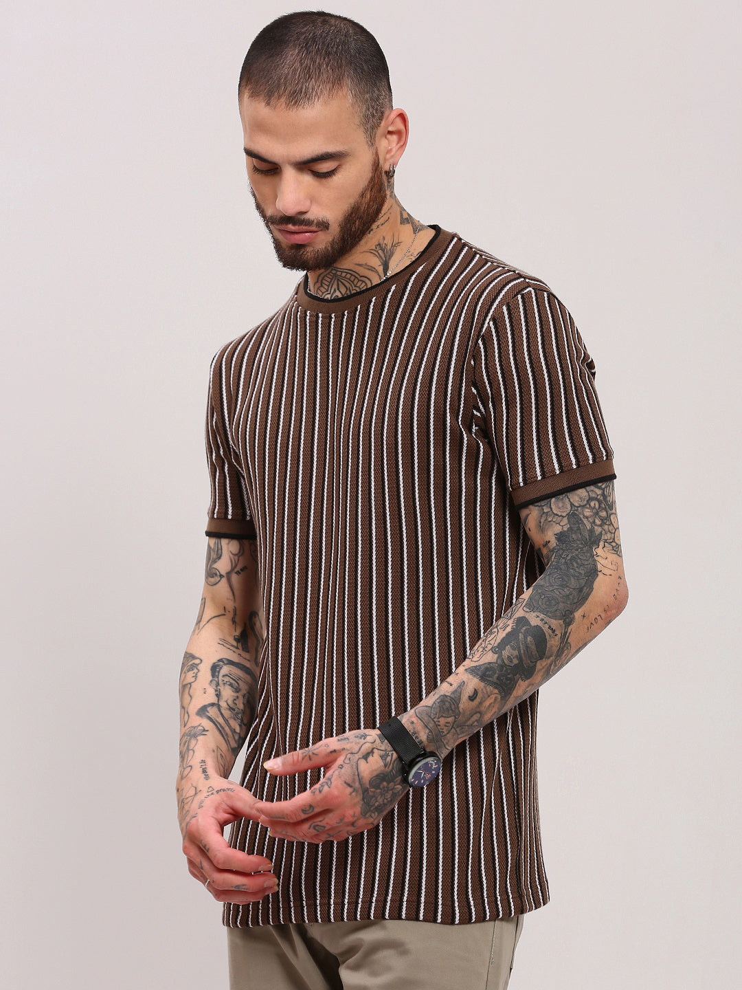 Men Brown Striped T Shirt